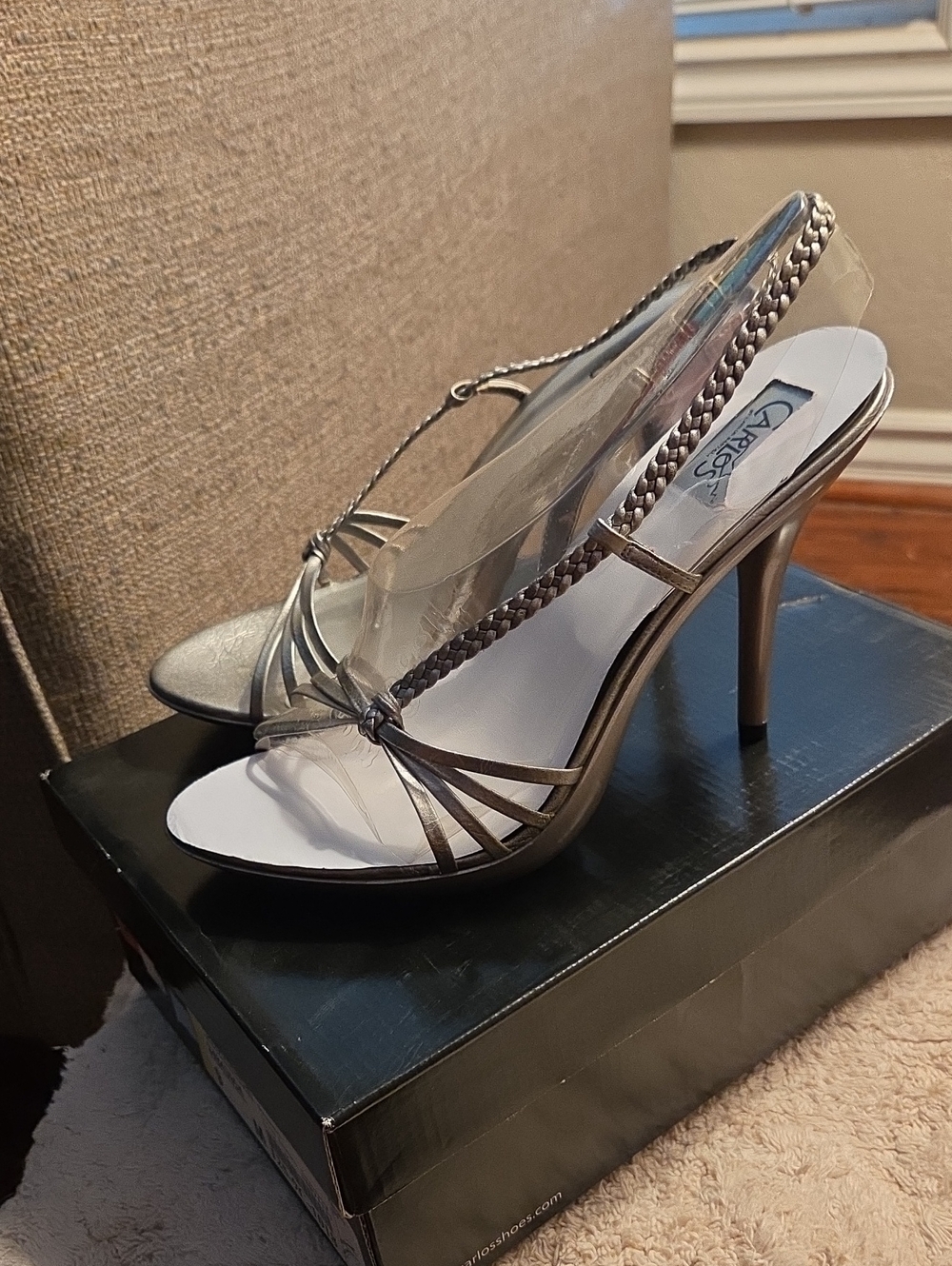 Carlos by Carlos Santana Metallic Silver Braided Ankle Strap Heels